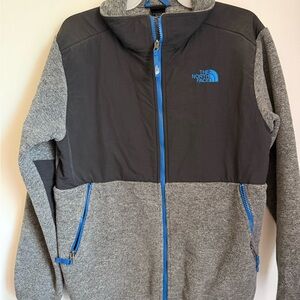 The North Face Grey Fleece Jacket with Black Chest Panel and Blue Zippers
